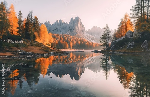 Photo of the Dolomites mountain range with trees and a lake at sunset in autumn in Italy