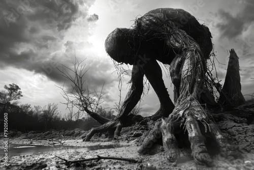 A large, twisted, and grotesque creature is standing in a muddy field. The image has a dark and eerie mood, with the creature's twisted limbs and the muddy ground creating a sense of unease photo