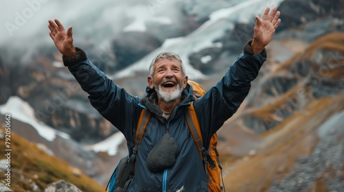 Feliz por chegar ao topo da montanha numa idade avançada  photo