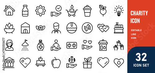 Charity Line Editable Icons set. Vector illustration in modern thin line style of philanthropic icons almsgiving, dole, welfare, donation, contribution, humanism, altruism. Isolated on white