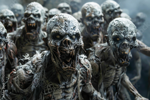 A group of zombies are walking in a line. The zombies are all different sizes and have different expressions on their faces. Some of them are looking at the camera, while others are looking away