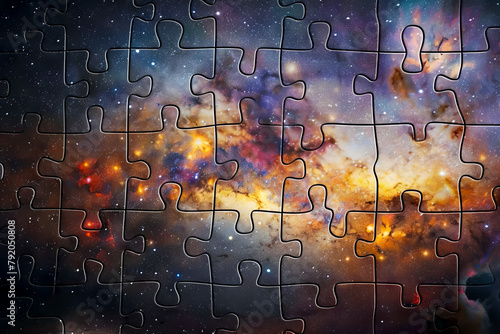 A puzzle of a galaxy with pieces missing. The puzzle is incomplete and the pieces are scattered all over the image photo