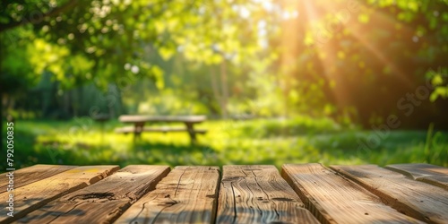 Empty wooden table in summer background with the blurred green garden