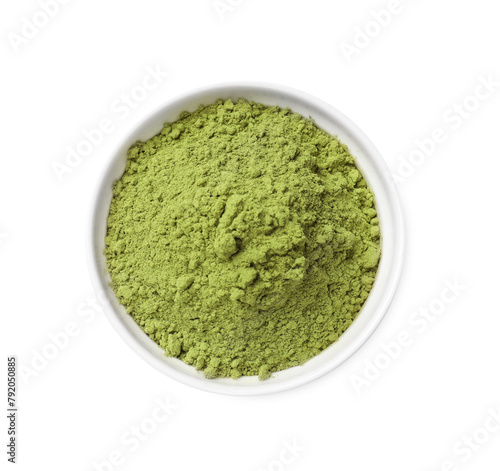 Henna powder in bowl isolated on white, top view