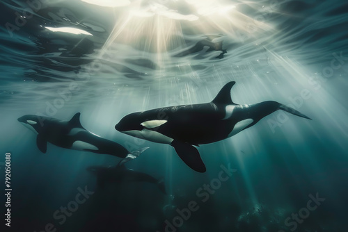 Three orcas swimming in the ocean. The light is shining on them, making them look like they are glowing © VicenSanh
