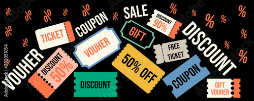 colored vector set of discount or gift voucher ticket coupon templates. collection of icons in shape style, vintage color