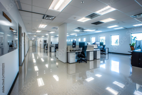 A large open office space with cubicles and a long hallway. The space is well lit and has a clean, modern look