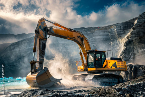 A large yellow and black construction vehicle is digging into the ground. The machine is surrounded by a lot of dirt and rocks, and it is working hard to dig a hole photo