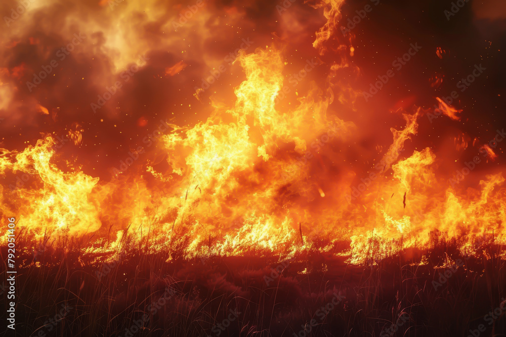 A fire is burning in a field of dry grass. The fire is very large and is spreading quickly. The sky is dark and cloudy, and the fire is creating a sense of danger and destruction