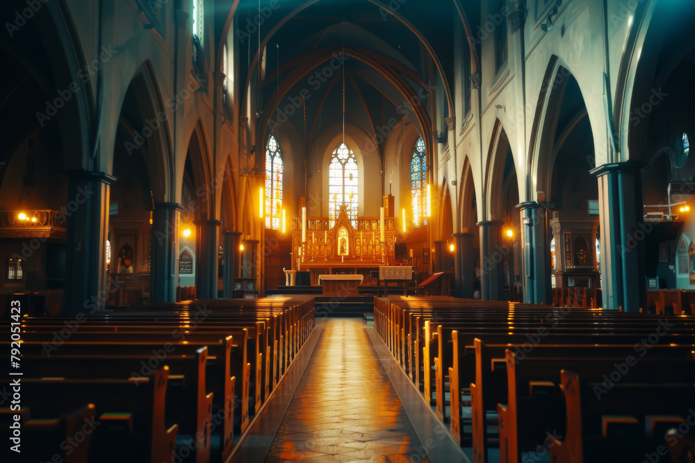 Fototapeta premium The church is very large and has many pews
