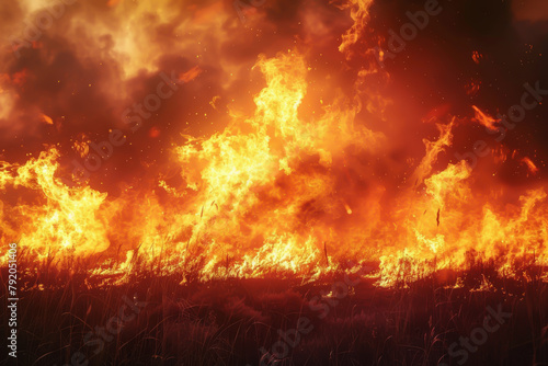 A fire is burning in a field of dry grass. The fire is very large and is spreading quickly. The sky is dark and cloudy, and the fire is creating a sense of danger and destruction