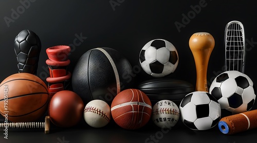 Photo of various sports equipment on a black background  a collection of balls and sport items  high resolution with high detail  stock photo