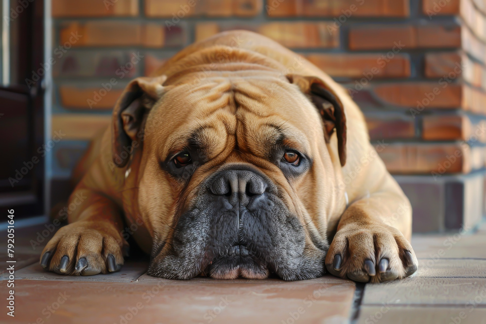 Obraz premium A large brown dog is laying on the ground with its head down. The dog appears to be sad or tired