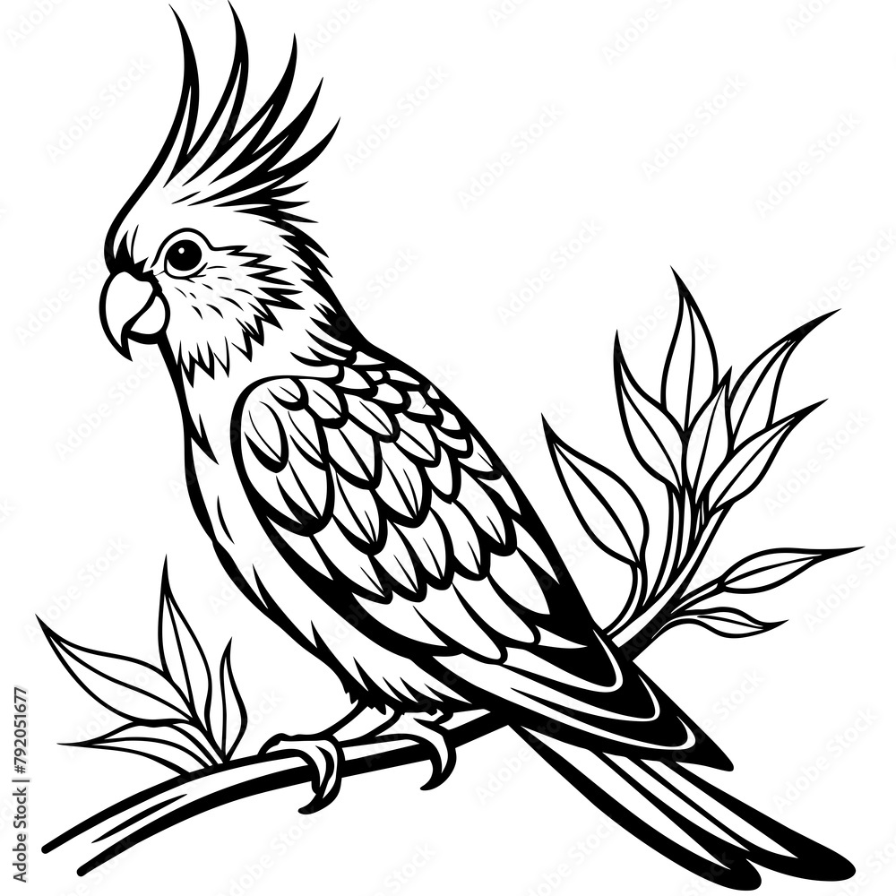 Obraz premium Cockatiel setting in the branch vector silhouette