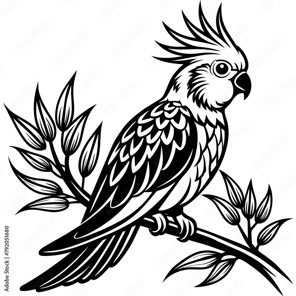 Cockatiel setting in the branch vector silhouette 