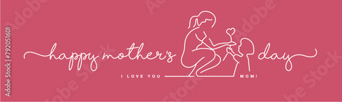 Happy Mothers Day pink handwritten calligraphy lettering line design draw of giving heart and love to mom pink background banner