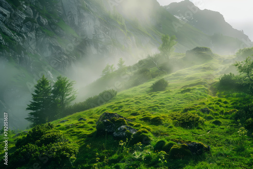 A lush green hillside with a foggy mist in the air. The mist is covering the trees and the grass  creating a serene and peaceful atmosphere