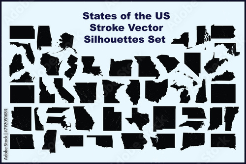 States of the US Stroke Vector Silhouettes Set