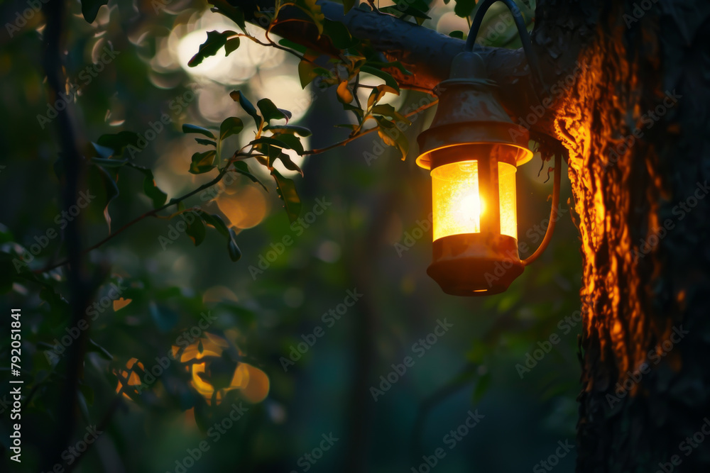 A lantern is hanging from a tree branch. The light from the lantern is casting a warm glow on the surrounding foliage. Concept of tranquility and peacefulness, as if one is in a serene forest at dusk A lantern is hanging from a tree branch. The light from the lantern is casting a warm glow on the surrounding foliage. Concept of tranquility and peacefulness, as if one is in a serene forest at dusk