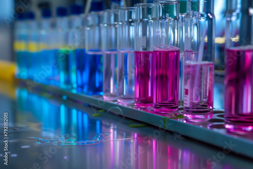A row of colorful bottles and test tubes on a table. The bottles are filled with different colored liquids, including pink and blue. Concept of scientific experimentation and discovery © VicenSanh