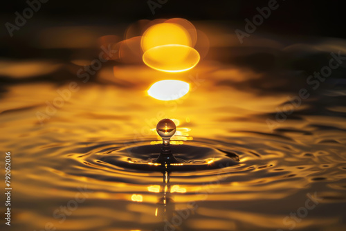 A drop of water is floating on the surface of a body of water. The sun is setting in the background, casting a warm glow on the scene. Concept of tranquility and peacefulness