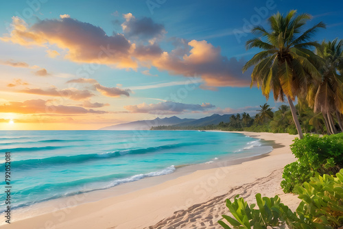A stunningly realistic beach scene in 4K Ultra HD, with crystal clear turquoise waters, golden sands, and lush palm trees swaying in a gentle breeze, sunset over the ocean © Wojciech