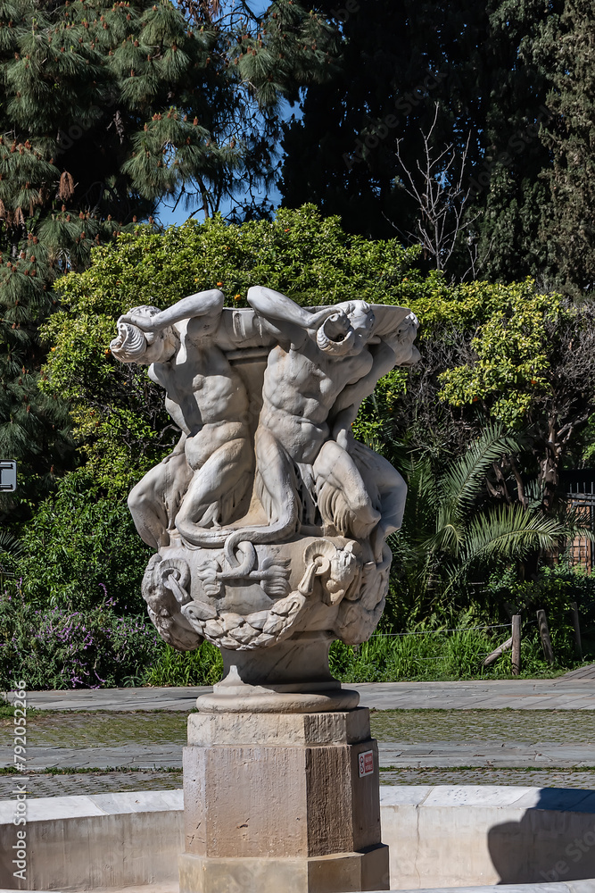 Obraz premium Triton Fountain (La fontaine des Tritons) in Nice Albert I Garden. Fountain consists of four tritons supporting a large bowl made of white marble. French riviera, Cote d'Azur, Nice, France.