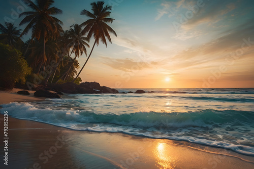 A stunningly realistic beach scene in 4K Ultra HD  with crystal clear turquoise waters  golden sands  and lush palm trees swaying in a gentle breeze  sunset over the ocean