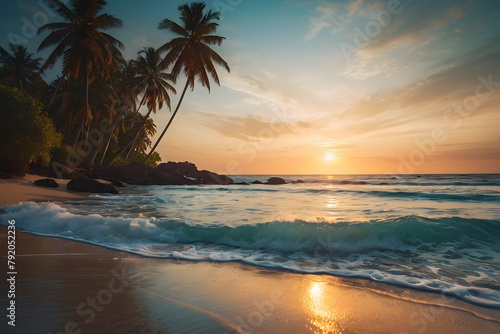 A stunningly realistic beach scene in 4K Ultra HD, with crystal clear turquoise waters, golden sands, and lush palm trees swaying in a gentle breeze, sunset over the ocean