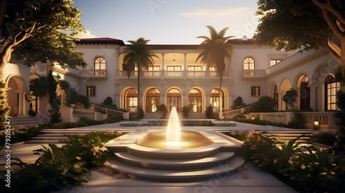 Beautiful fountain in the garden at sunset time. Panorama.