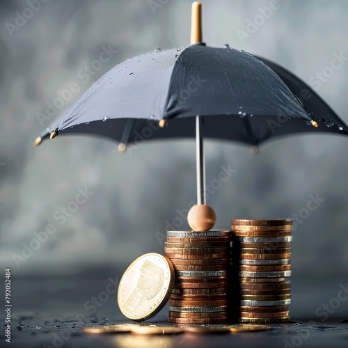 Umbrella on stacks and heaps of coins, gray background. Coverage, insurance or protection concept
