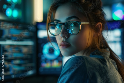 A woman with glasses gazes at a computer screen, enhancing her vision care