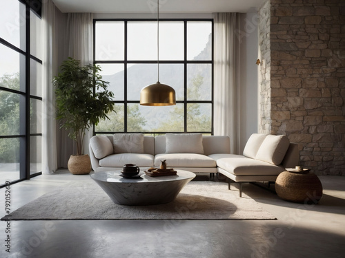 Airy White Space, Room Mockup with Natural Sunlight and Shadows, White Sofa, Stone Coffee Table, and Pendant Light
