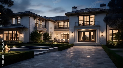 Panorama of modern luxury house with garden and lawn at night.