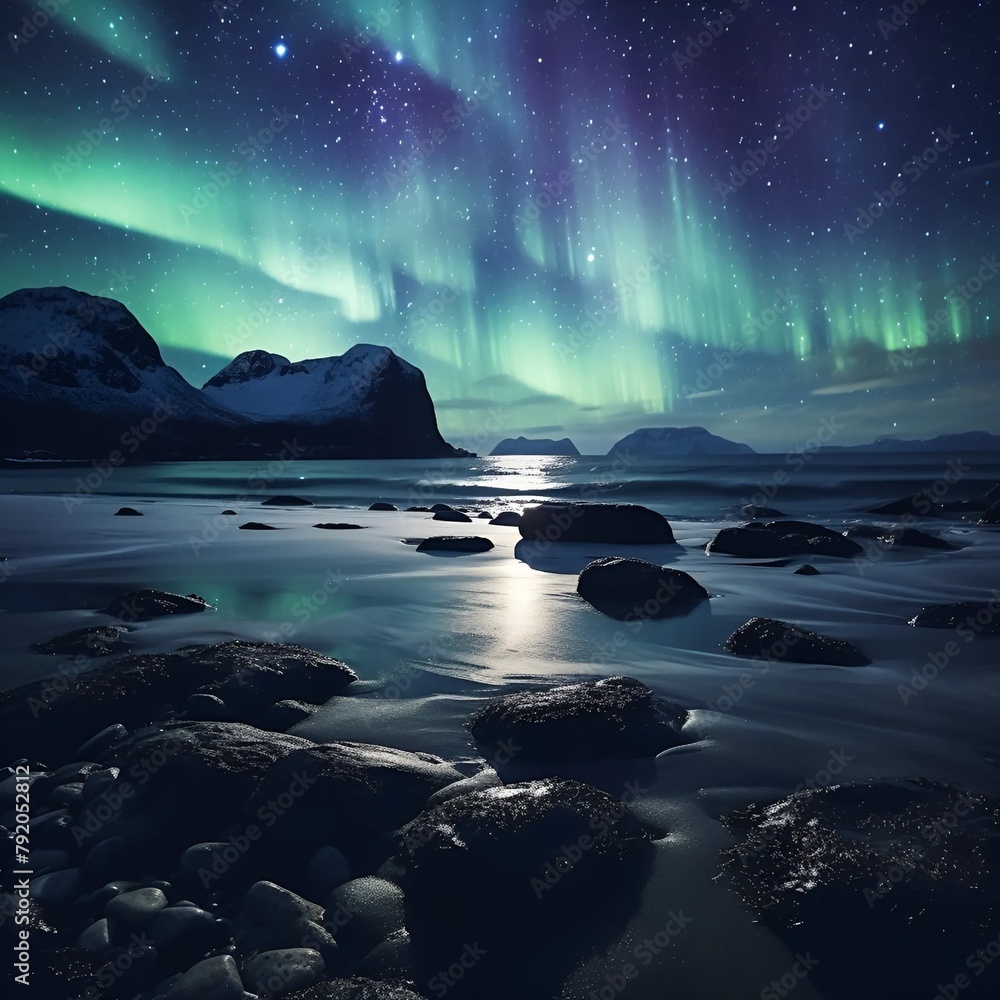 Serene Nordic Aurora. Northern Light. Northern Lights, Aurora Borealis, Snowy Mountains at Night. Mystical Northern Lights Seascape.