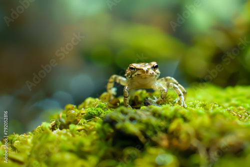 A frog is standing on a green mossy rock. The frog is looking at the camera. The image has a peaceful and calm mood