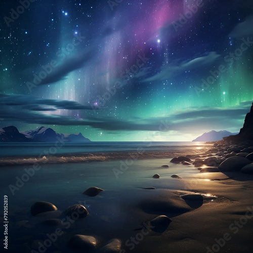 Serene Nordic Aurora. Northern Light. Northern Lights, Aurora Borealis, Snowy Mountains at Night. Mystical Northern Lights Seascape.