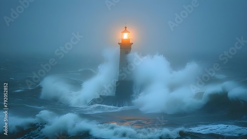 Lighthouse stands strong in storm shining light of hope and resilience. Concept Hope, Resilience, Lighthouse, Storm, Light