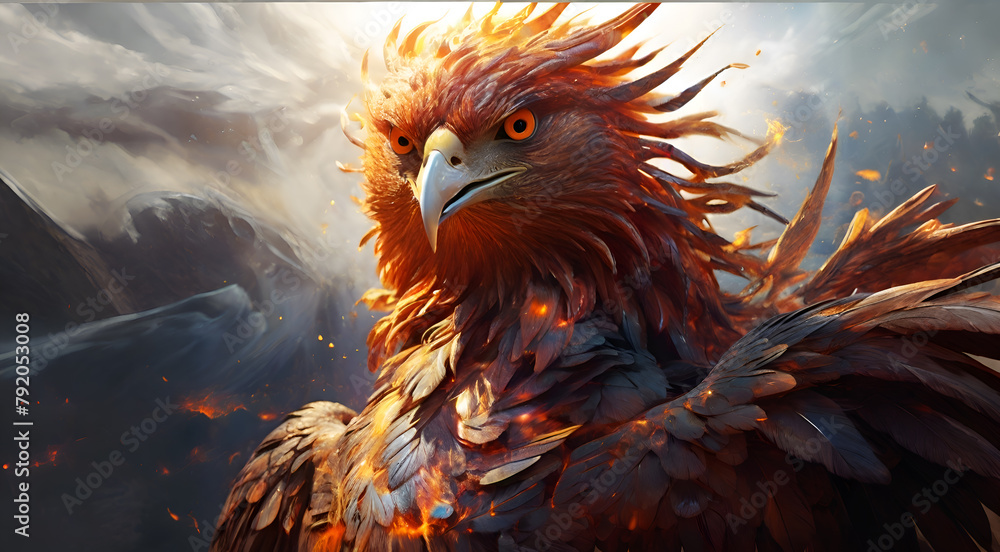 portrait of Phoenix bird against mountain background. Digital art work. AI generated