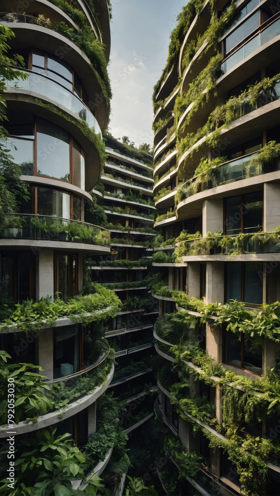 Architecturally striking residential buildings adorned with lush greenery on their walls. Exemplifying a commitment to sustainability, ecology, and green urban design.
