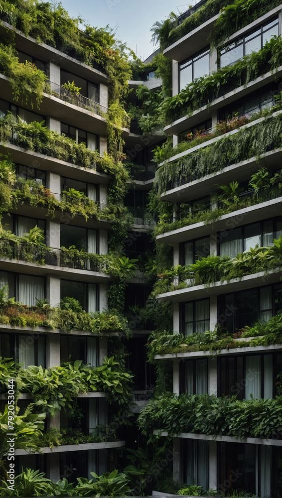 Architecturally striking residential buildings adorned with lush greenery on their walls. Exemplifying a commitment to sustainability, ecology, and green urban design.