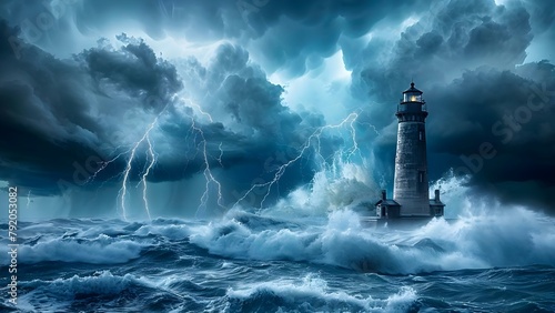 Navigating through stormy seas with a lighthouse beacon and lightning - ideal for home decor. Concept Stormy Seas, Lighthouse Beacon, Lightning, Home Decor photo