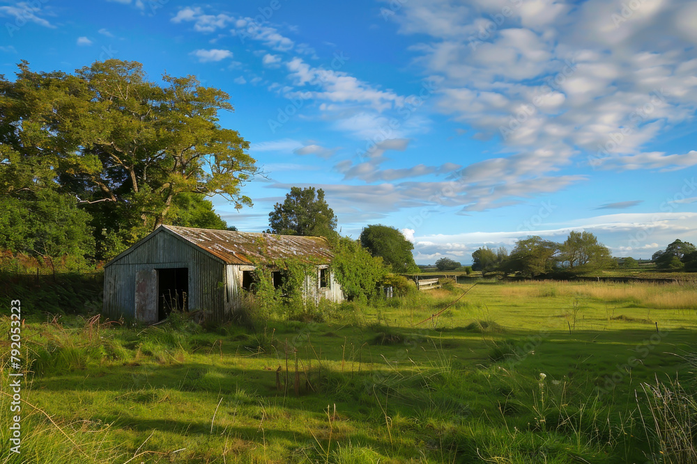 A small, old building sits in a grassy field. The sky is clear and blue, with a few clouds scattered throughout. The scene has a peaceful, rural feel to it A small, old building sits in a grassy field. The sky is clear and blue, with a few clouds scattered throughout. The scene has a peaceful, rural feel to it
