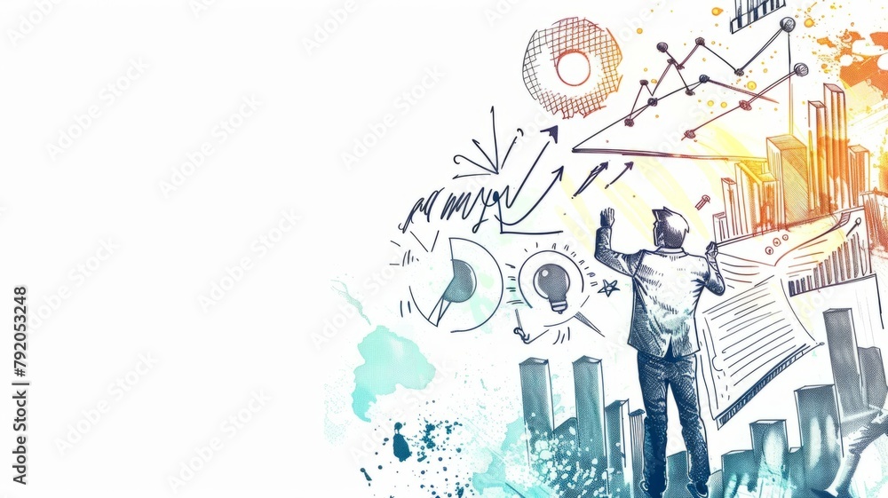 Businessman touching futuristic interface - An artistic representation of a businessman interacting with a touch of futuristic technology surrounded by business concept sketches Businessman touching futuristic interface - An artistic representation of a businessman interacting with a touch of futuristic technology surrounded by business concept sketches