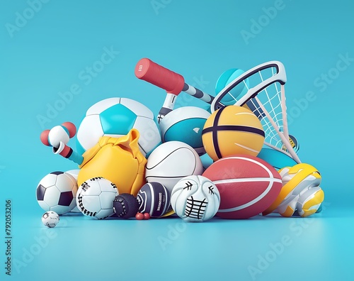 Pile of sports equipment and gear isolated on blue background with copy space, 3D rendering, in the style of PIXPEW BOEodate font