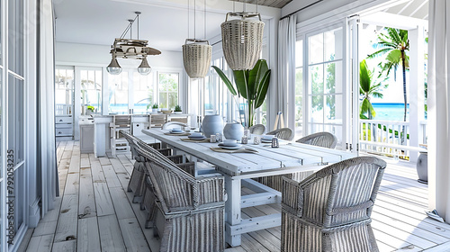 A coastal-themed dining room with a whitewashed table, wicker chairs, and nautical accents, capturing the relaxed ambiance of seaside living. photo