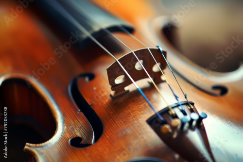 A violin with a brown body and a black neck. The neck is made of wood and has three strings. The violin is a beautiful instrument that is often used in classical music photo