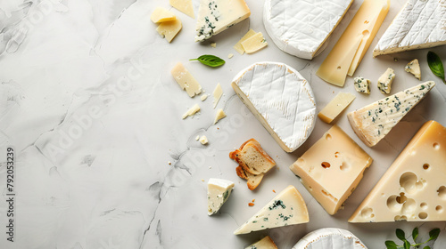 Various types of cheese on a light concrete background