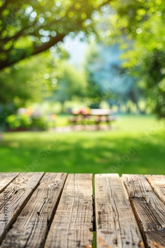 Empty wooden table in summer background with the blurred green garden © piai