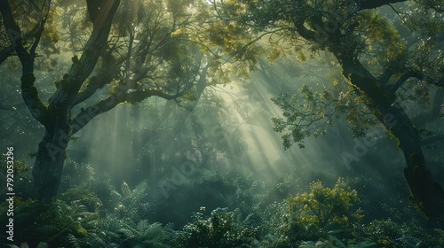 A majestic forest shrouded in mist, with ancient trees cloaked in moss and ferns, evoking a sense of mystery and enchantment as shafts of sunlight  photo
